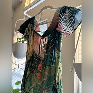 FARM Rio Green Tropical Midi Dress with Pink Tassels